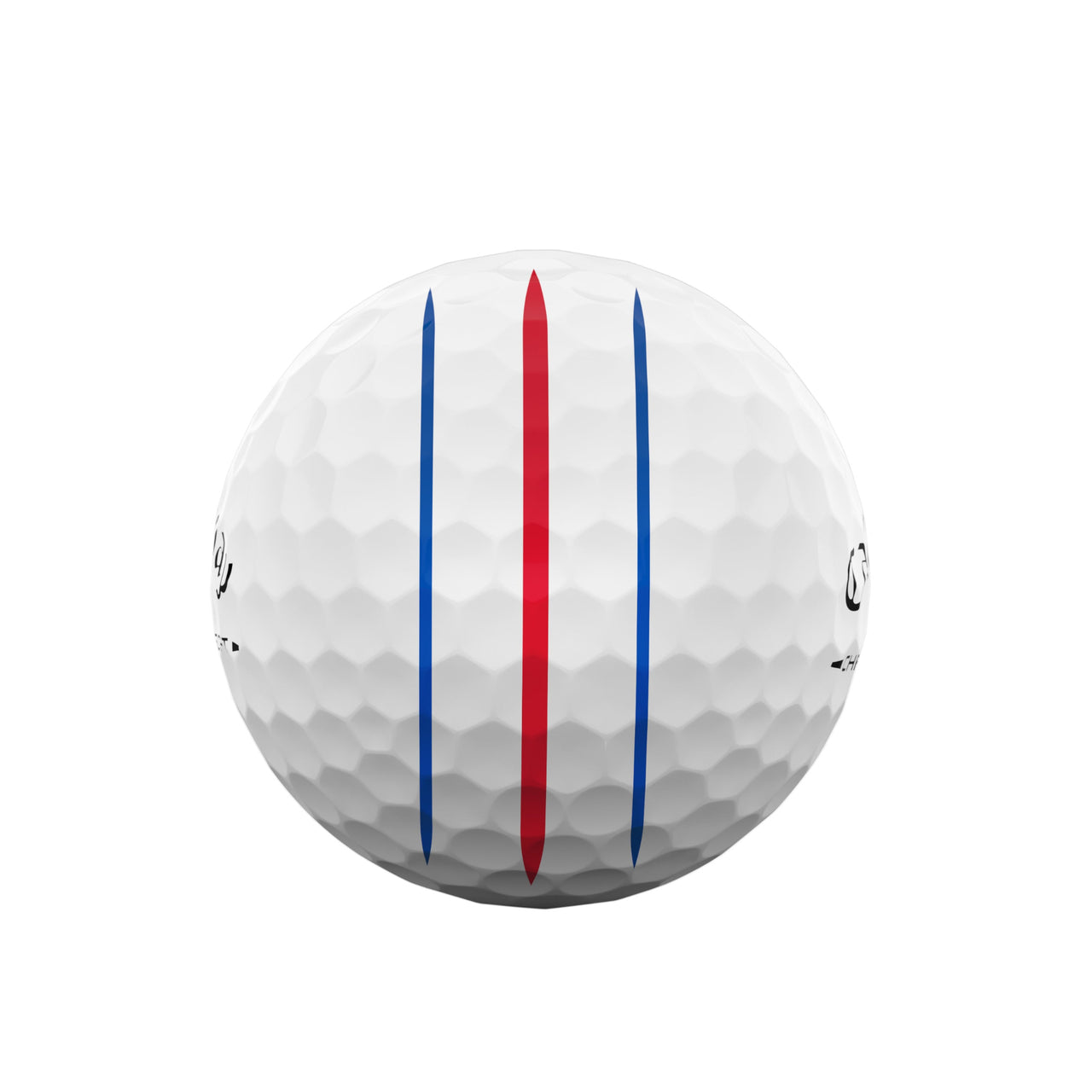 Golf ball with red and blue stripes on a white background