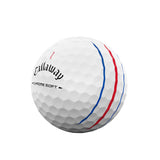 Callaway golf ball with red and blue stripes on a white background