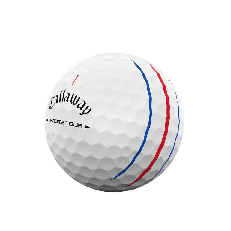 Callaway golf ball with red and blue stripes on a white background