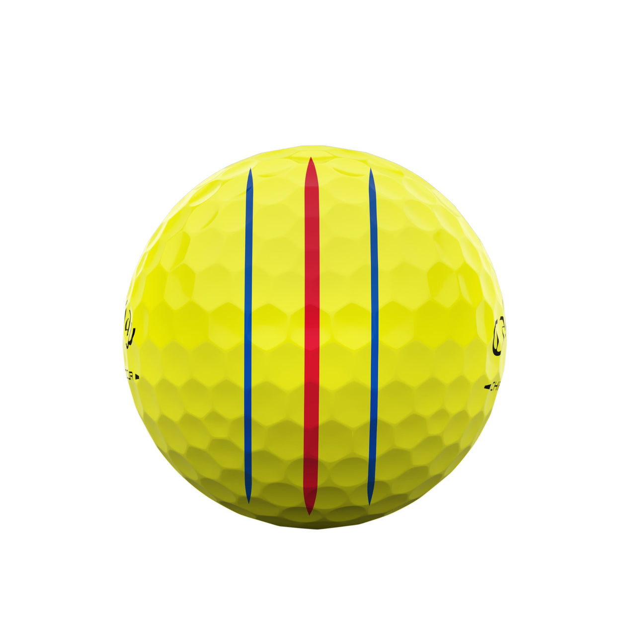 Yellow golf ball with red and blue lines on a white background