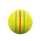 Yellow golf ball with red and blue lines on a white background