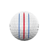 Golf ball with red and blue stripes on a white background