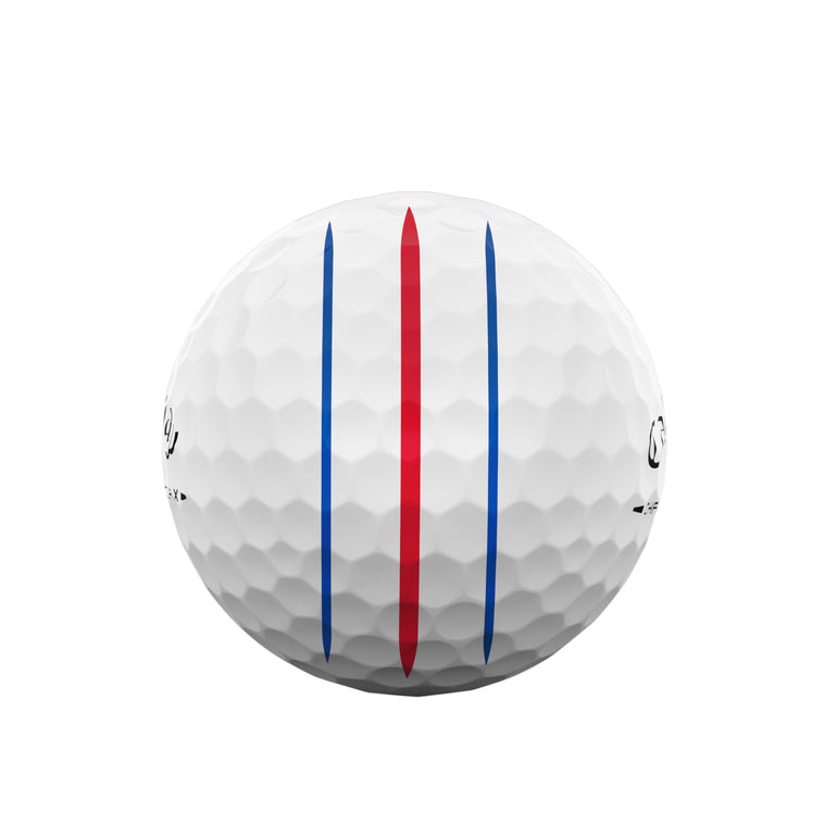 Golf ball with red and blue stripes on a white background