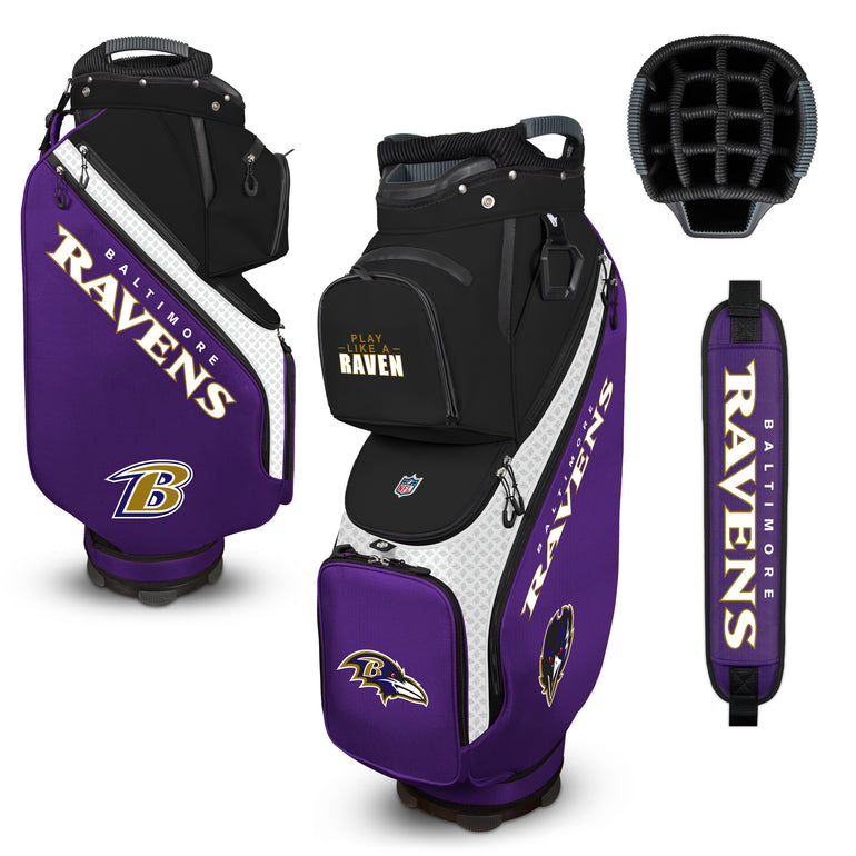 Baltimore Ravens golf bag with accessories on a white background