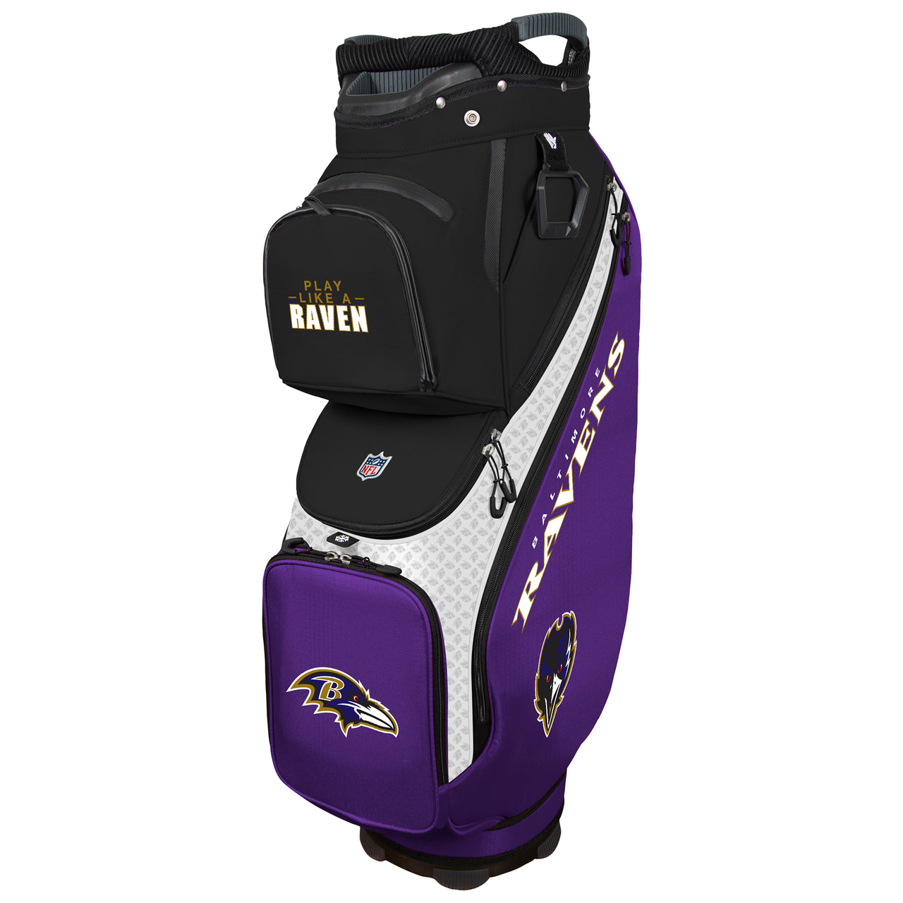 Baltimore Ravens golf bag with purple and black design on a white background