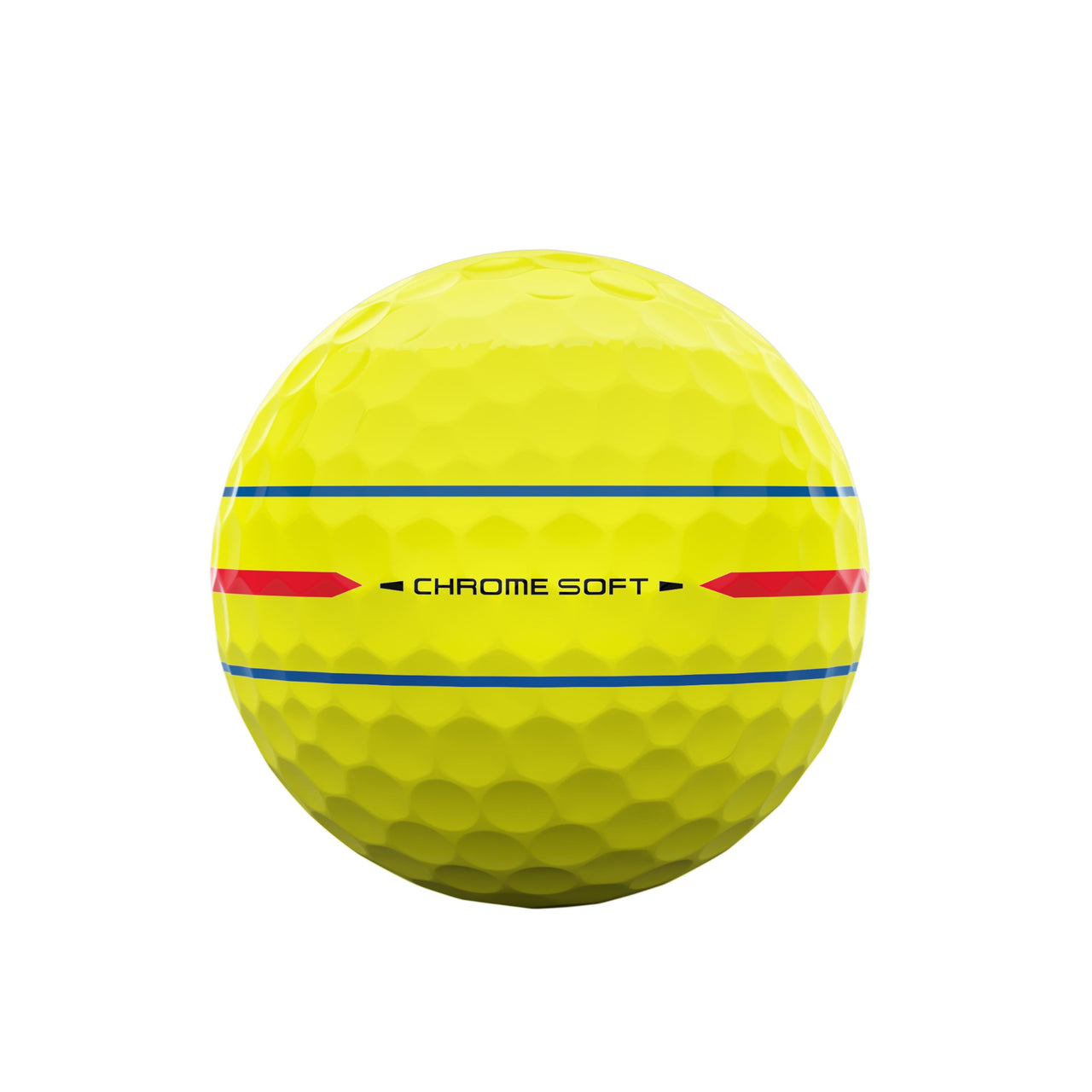 Yellow golf ball with 'Chrome Soft' branding on a white background