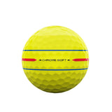 Yellow golf ball with 'Chrome Soft' branding on a white background