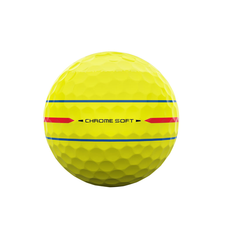 Yellow golf ball with 'Chrome Soft' branding on a white background
