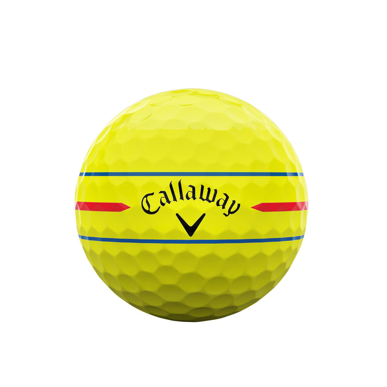 Yellow golf ball with Callaway logo on a white background