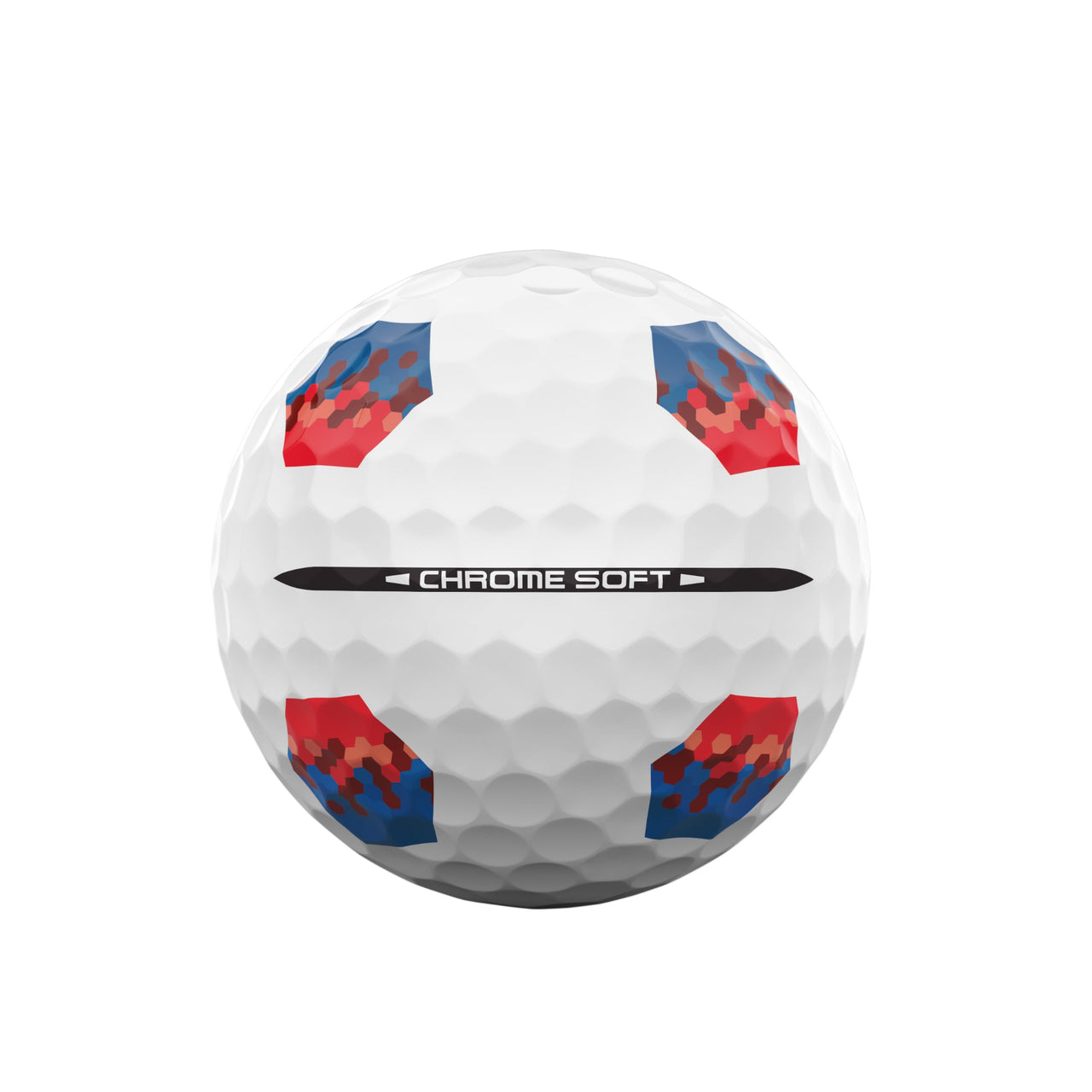 Chrome Soft golf ball with red and blue designs on a white background