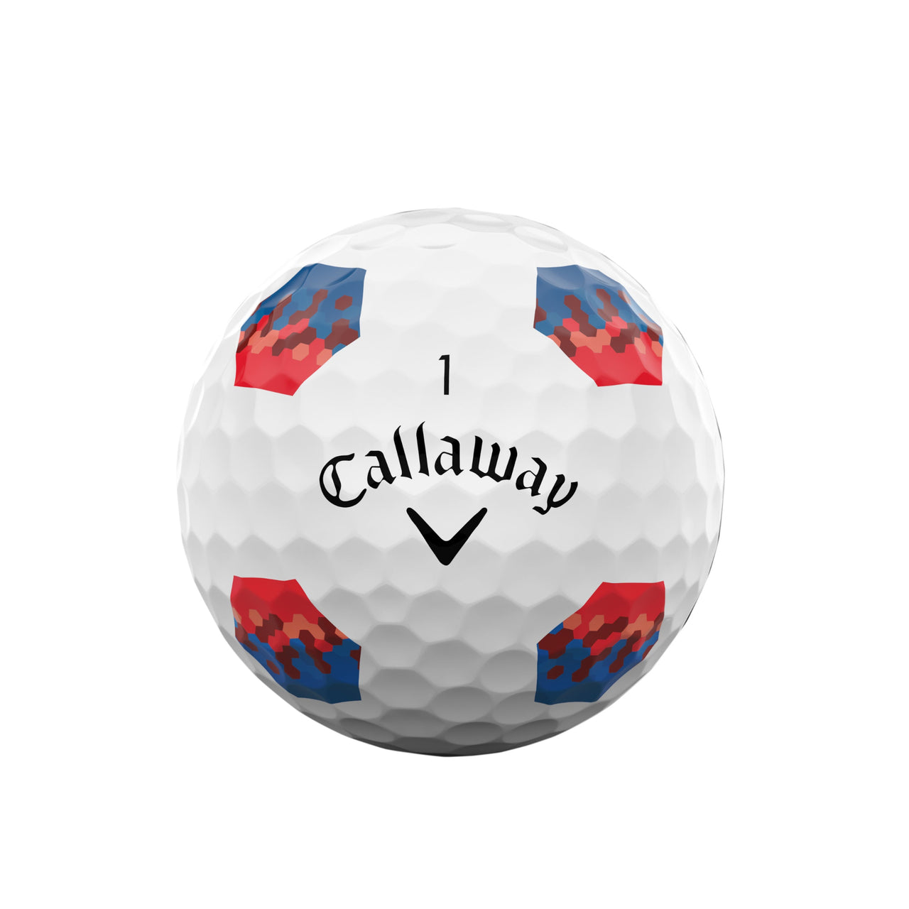 Callaway golf ball with red and blue design on a white background