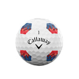 Callaway golf ball with red and blue design on a white background