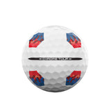 Chrome Soft golf ball with red and blue designs on a white background