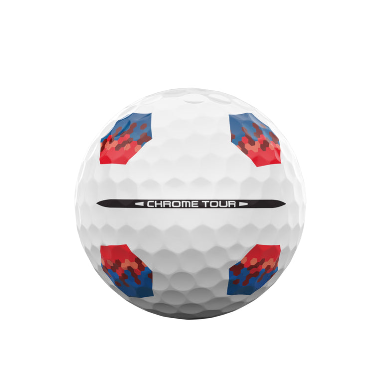 Chrome Soft golf ball with red and blue designs on a white background