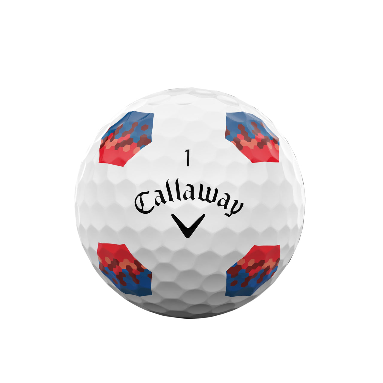 Callaway golf ball with red and blue design on a white background