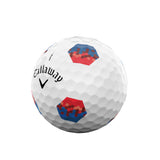 Callaway golf ball with red and blue hexagonal patterns on a white background