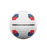 Chrome Soft golf ball with red and blue designs on a white background