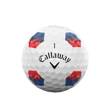 Callaway golf ball with red and blue design on a white background