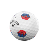 Callaway golf ball with red and blue hexagonal patterns on a white background
