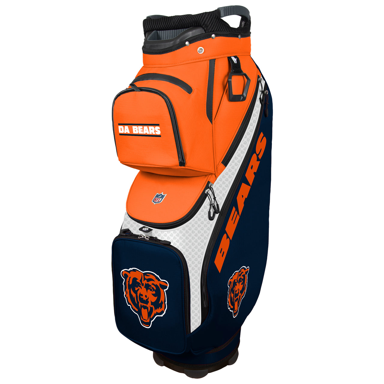 Orange and navy golf bag with 'DA BEARS' text and logo on a white background