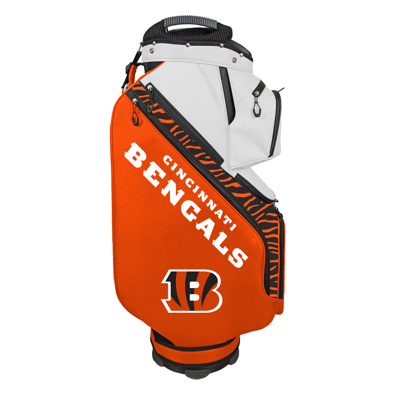 Orange and white golf bag with Cincinnati Bengals logo on a white background