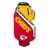 Red and yellow golf bag with 'Chiefs' branding on a white background