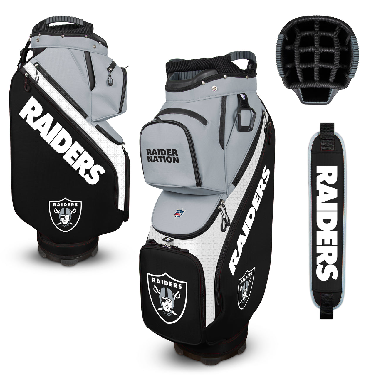 Las Vegas Raiders golf bag with various components on a white background