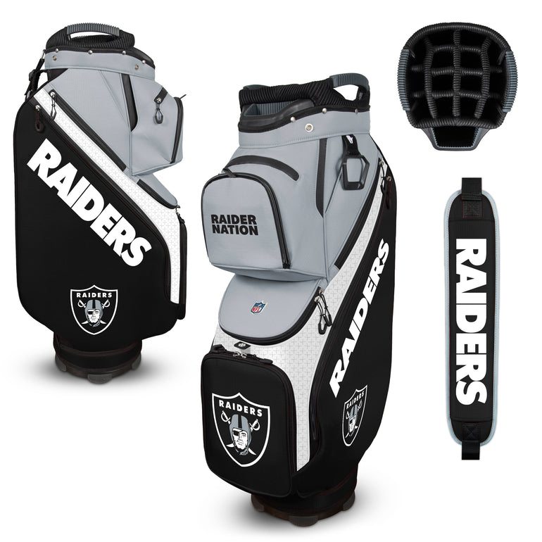 Las Vegas Raiders golf bag with various components on a white background