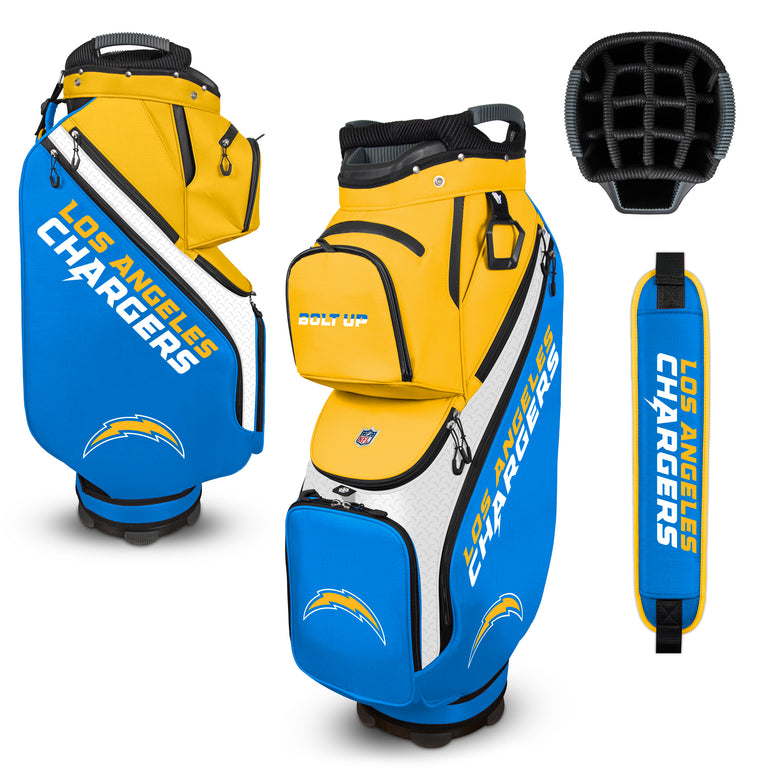 Los Angeles Chargers golf bag with club head cover and strap on a white background