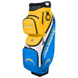 Golf bag with yellow and blue design on a white background