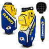 Blue and yellow Rams golf bag with accessories on a white background