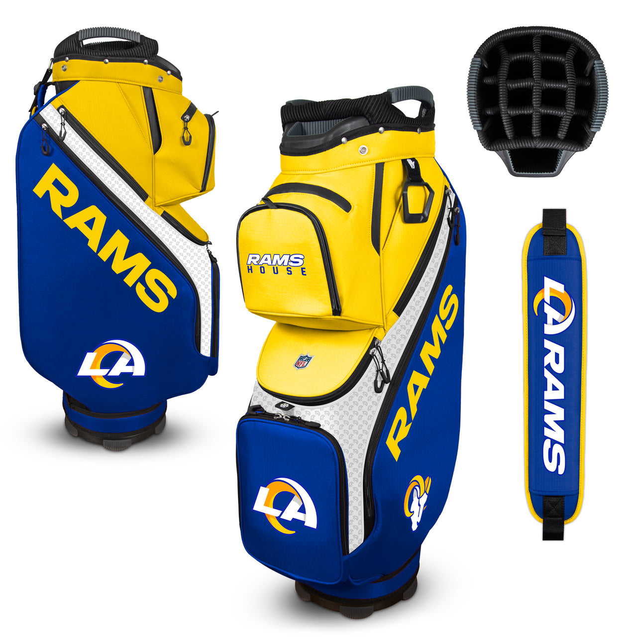 Blue and yellow Rams golf bag with accessories on a white background