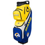 Yellow and blue golf bag with Rams branding on a white background