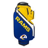 Blue and yellow golf bag with 'RAMS' branding on a white background