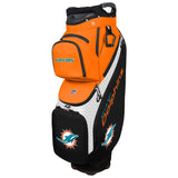 Orange and black golf bag with Miami Dolphins logos on a white background