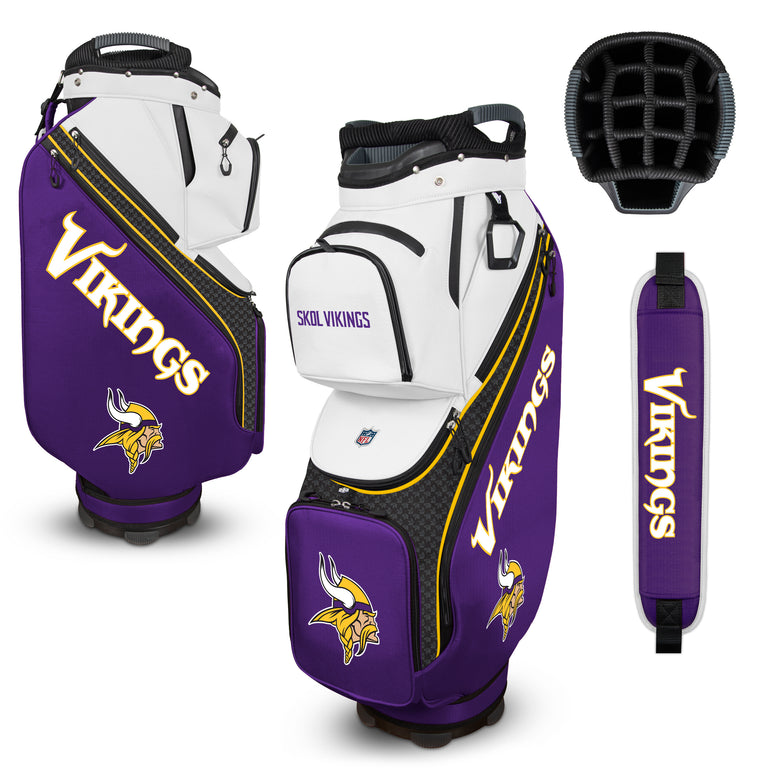 Purple and white golf bag with 'Vikings' branding on a white background