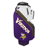Purple and white golf bag with 'Vikings' branding on a white background