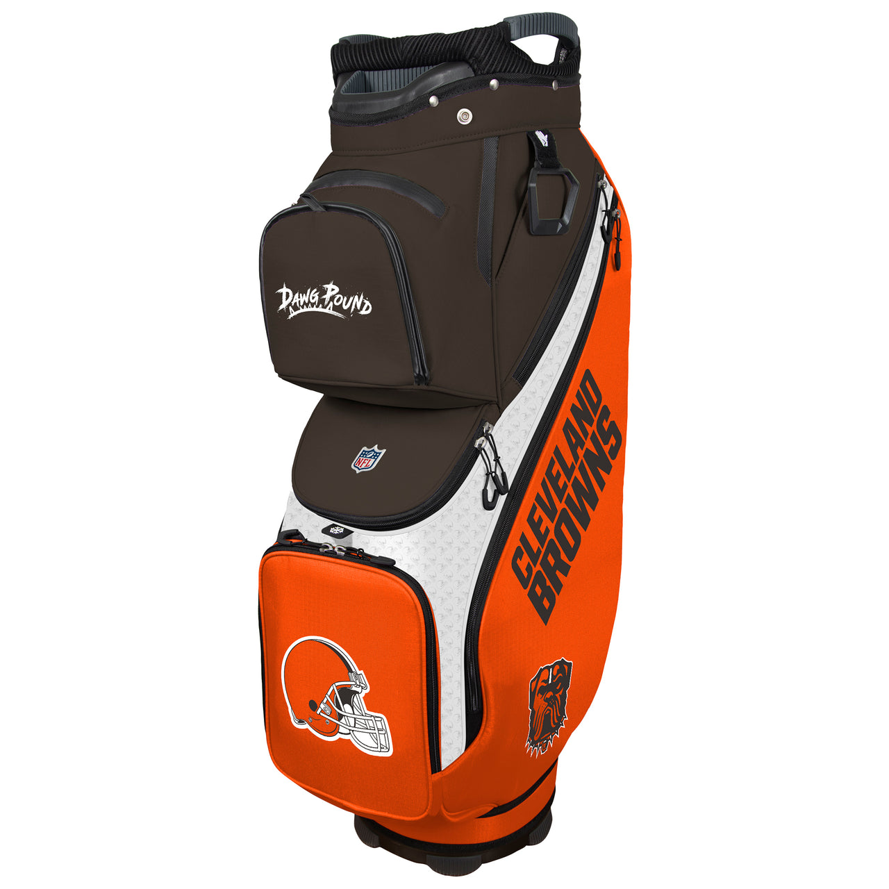 Golf bag with Cleveland Browns branding on a white background