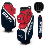 Red, white, and blue golf bag with 'Patriots' branding on a white background