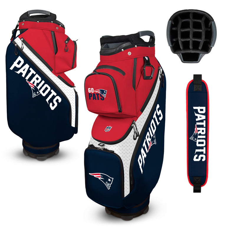 Red, white, and blue golf bag with 'Patriots' branding on a white background