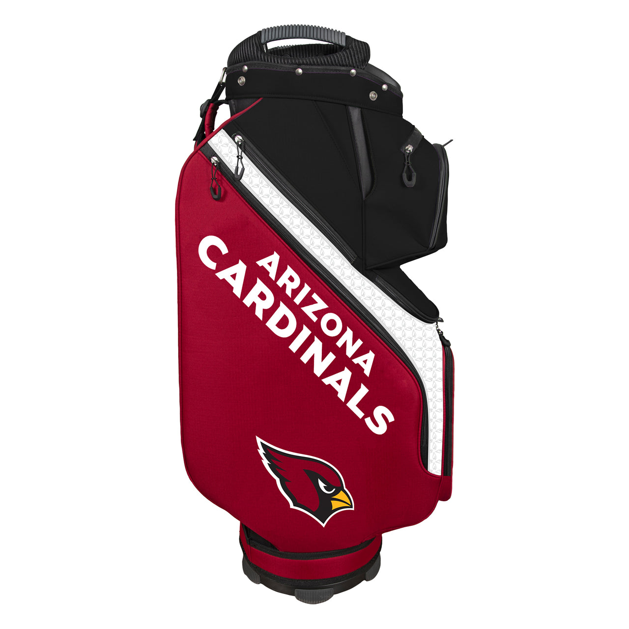 Red golf bag with 'Arizona Cardinals' text and logo on a white background