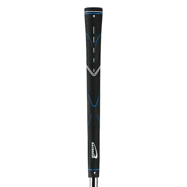 Black golf club grip with blue accents on a white background