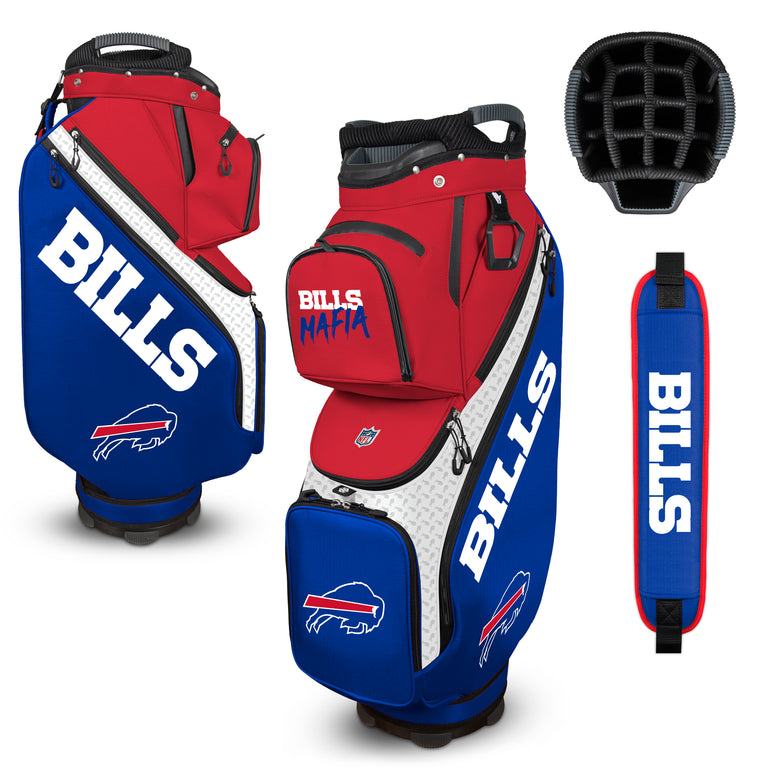 Buffalo Bills golf bag set with club head cover and strap on a white background