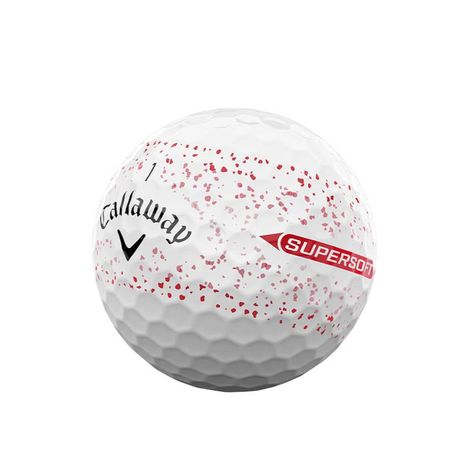 Callaway golf ball with red speckles on a white background