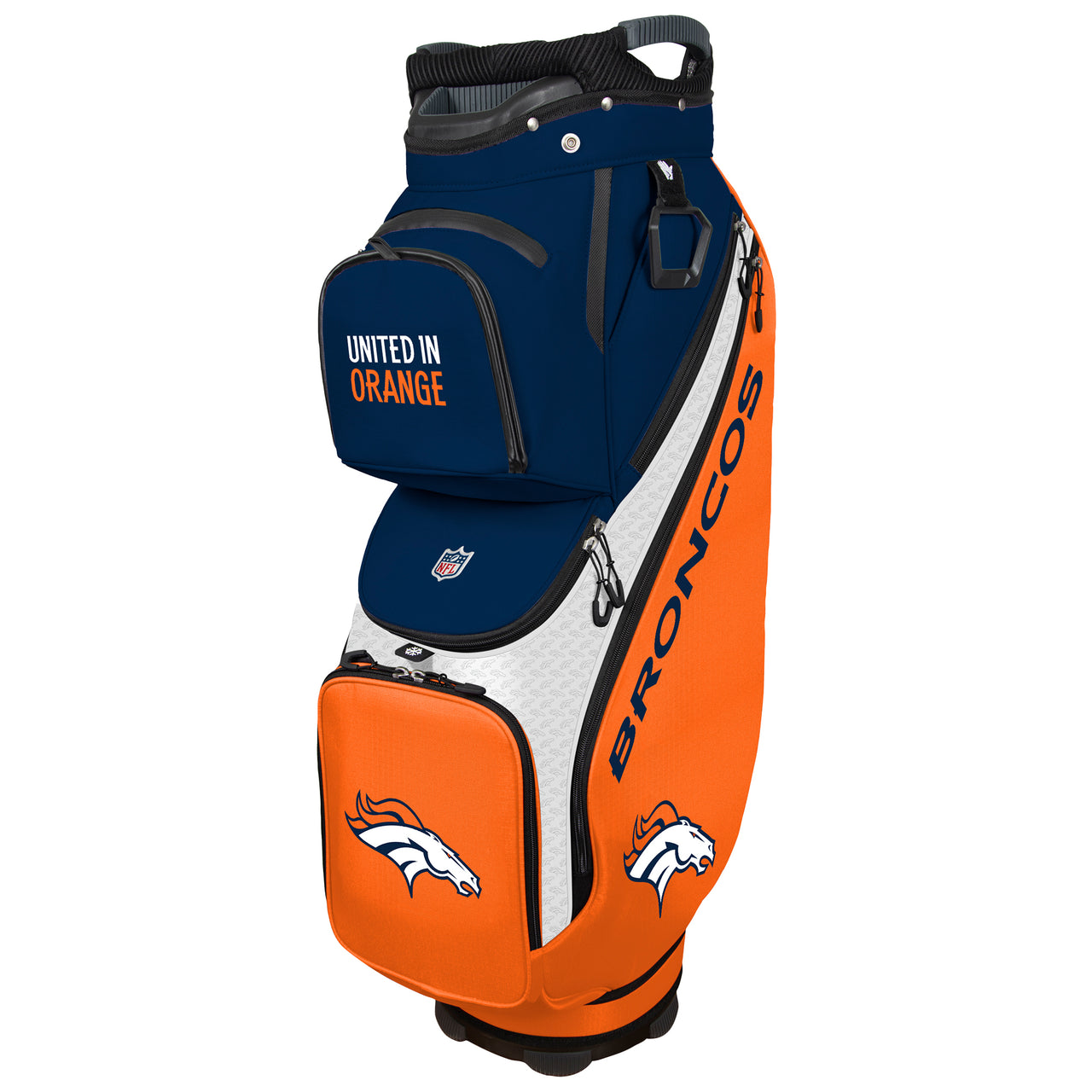 Golf bag with Denver Broncos branding on a white background