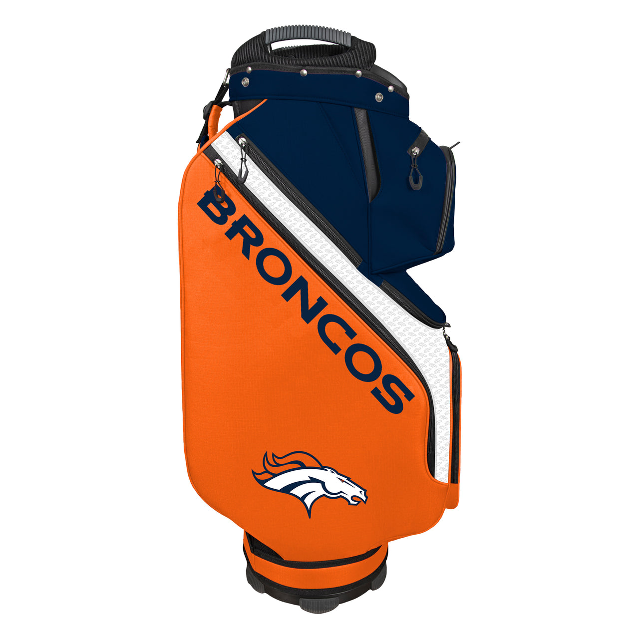 Orange and navy golf bag with 'Broncos' branding on a white background