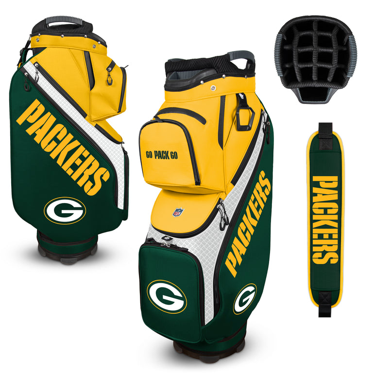 Green Bay Packers golf bag with multiple views on a white background