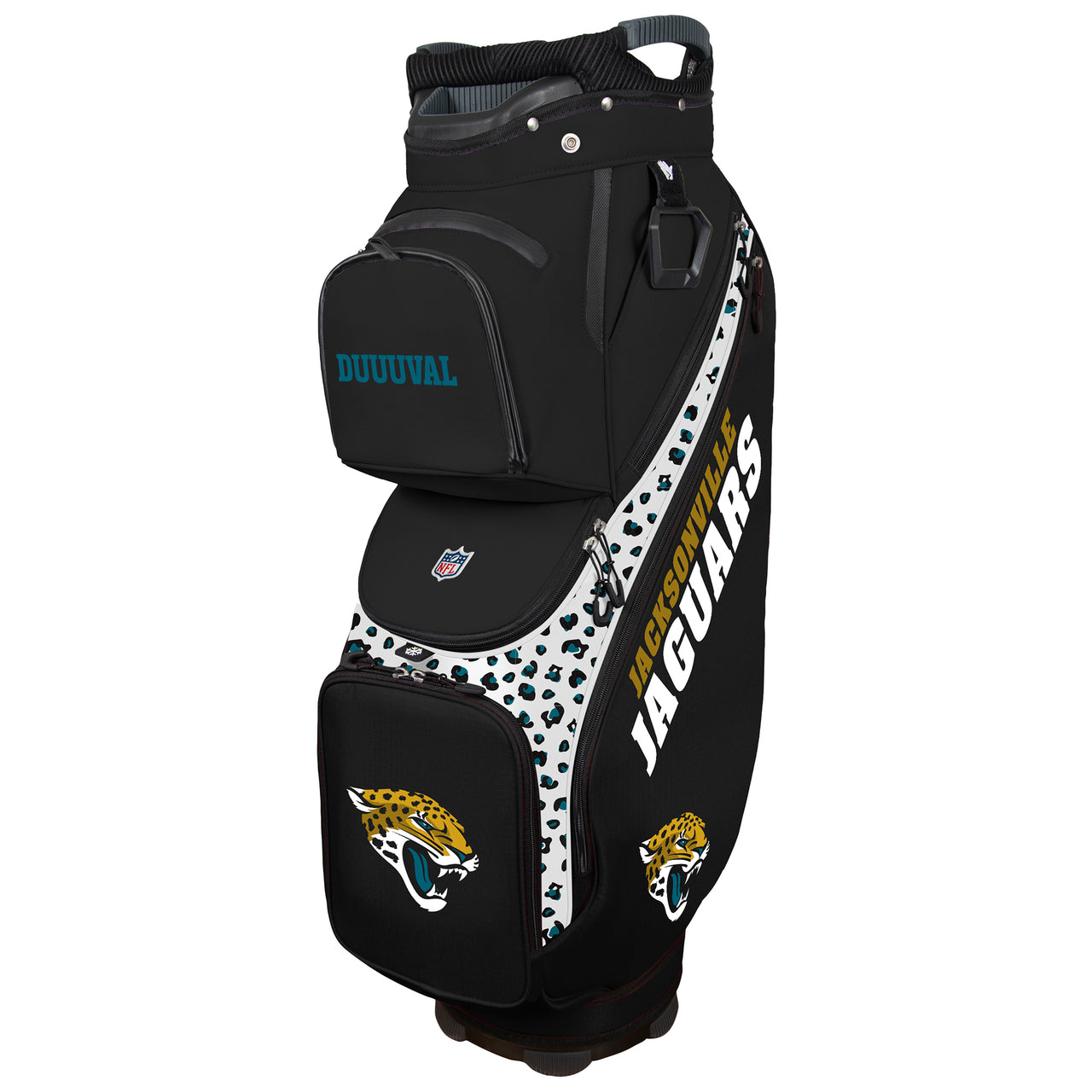 Black golf bag with Jacksonville Jaguars branding on a white background