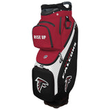 Red, black, and white golf bag with 'Rise Up' and 'Falcons' text on a white background