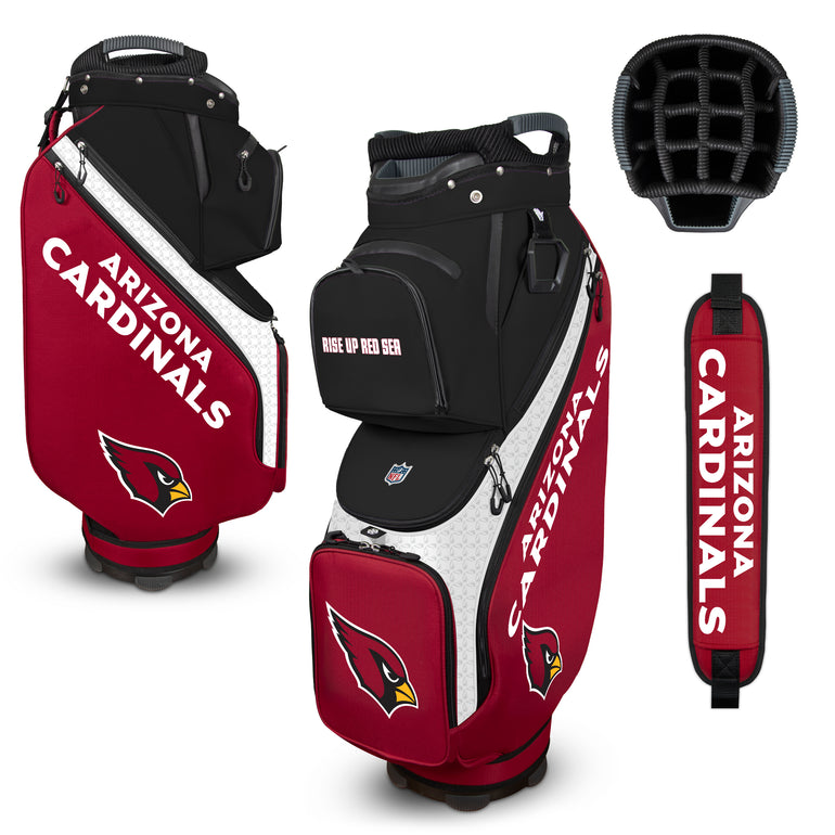 Arizona Cardinals golf bag with various components on a white background